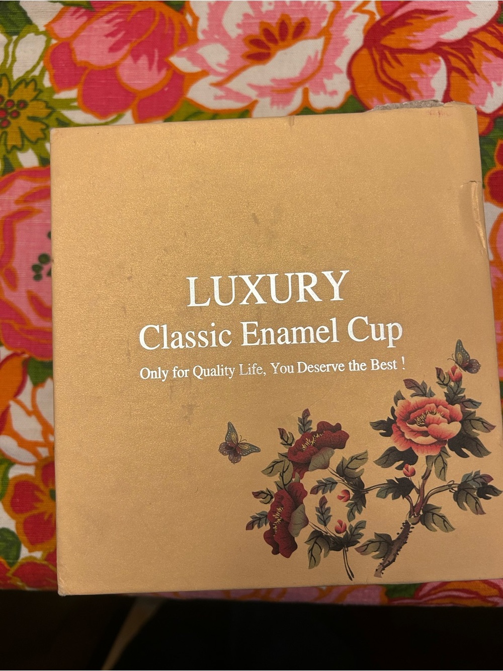 LUXURY Classic Enamel Cup - Peach Box with Floral Print